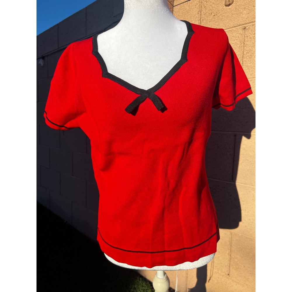 Spenser Jeremy Red Silk Blend Knit Top Black Trim Bow Sweetheart Neck Large